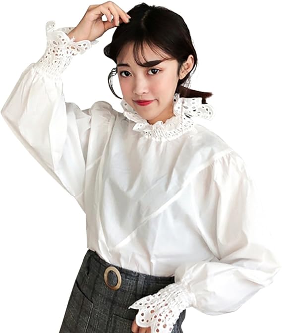 Amazon レディース フリル ブラウス 長袖 立て襟 シャツ 大きいサイズ オフィス シンプル ワイシャツ 韓国風 ファッション Tシャツ カットソー 通販