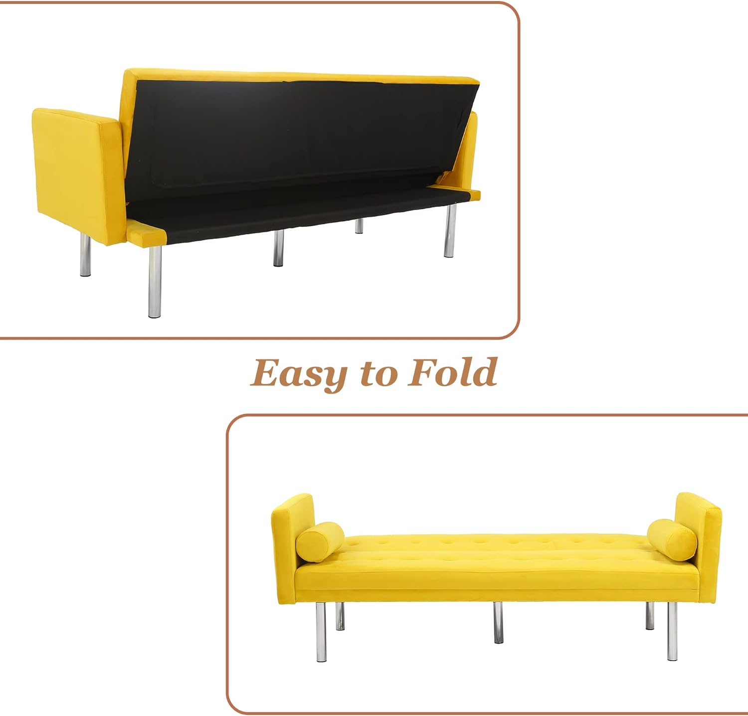 SUMKEA Futon Tufted Back Convertible Sofa, 68” Twin Size Sofa Bed, Modern Living Room Futons Set (Yellow)