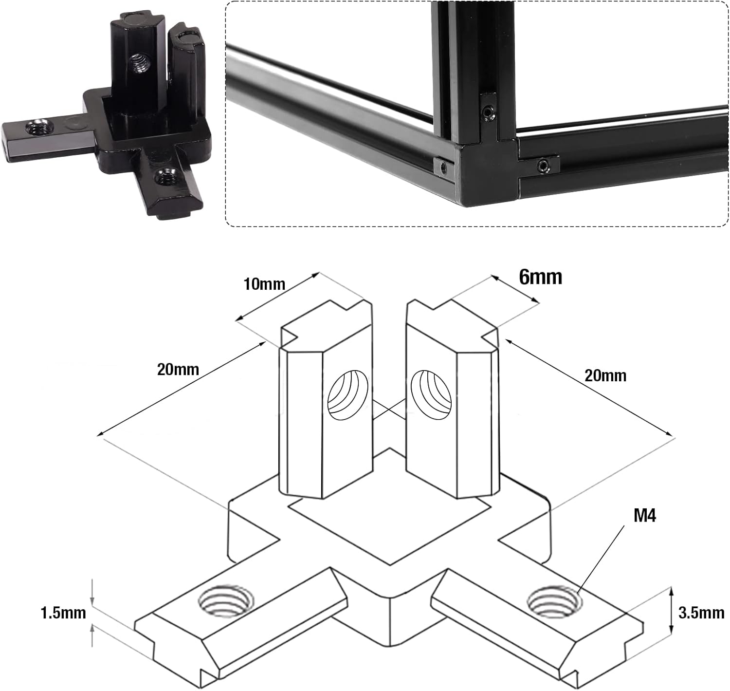 20Pcs 2020 Aluminum Extrusion Connectors 3-Way End Corner Bracket Connector Black T Slot L-Shape Interior Corner Joint Bracket for Aluminum Extrusion Profile Slot Connector Set 6mm with Screws&Wrench