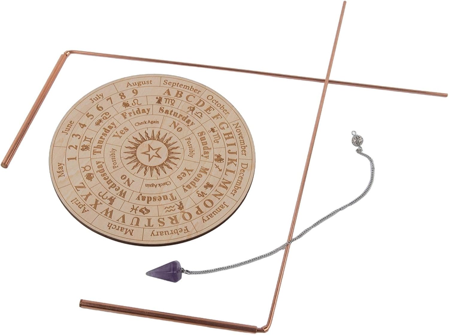 Copper Dowsing Rods Kit, Spiritual Exploration Divination Tools- Copper Divining Rods & Pendulum Board Set for Equipment Water Line Locating Witching Spirit-Seeking