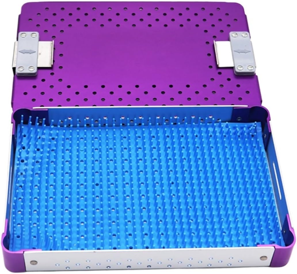 Medical aluminum alloy instrument sterilization box with silicone pad, surgical instrument sterilization box, Surgical tray, suitable for hospitals, dental instruments, etc., Dental trays(Purple)