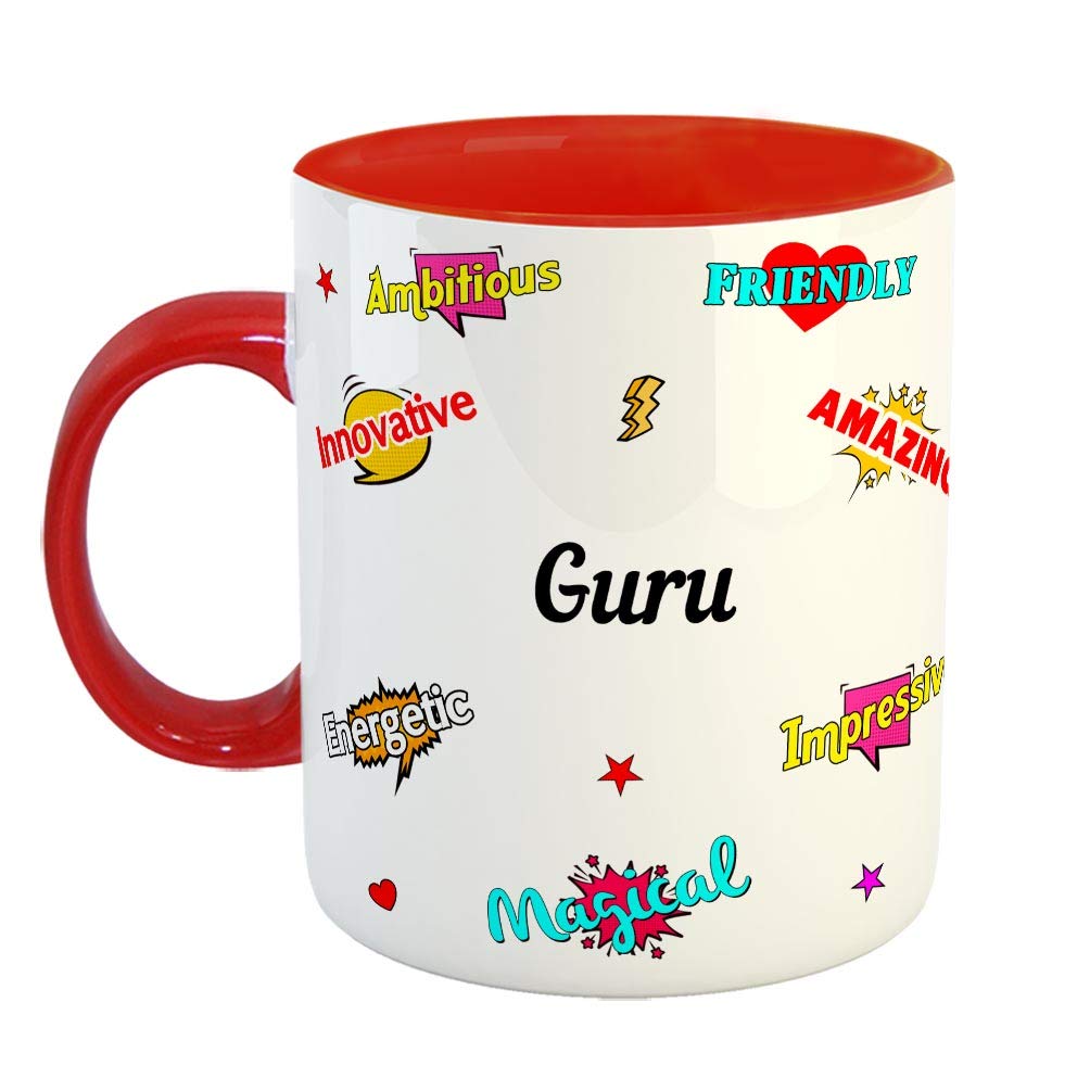 FurnishFantasy Ceramic Coffee Mug - Happy Birthday Gift, Gift for Kids, Return Gift - Red, Name - Guru