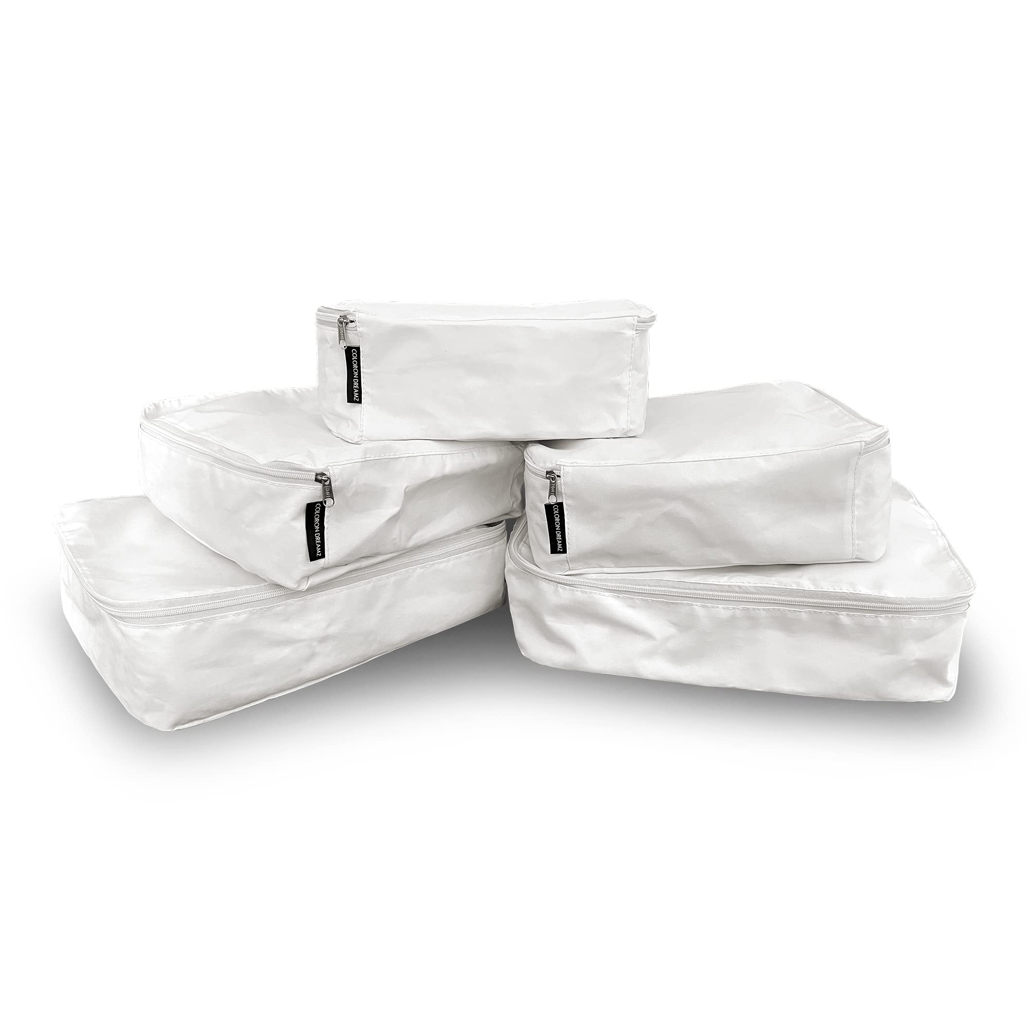Coloron Dreamz Canvas Packing Cubes/Pouch/Bag Travel Organiser (White, Set of 5)