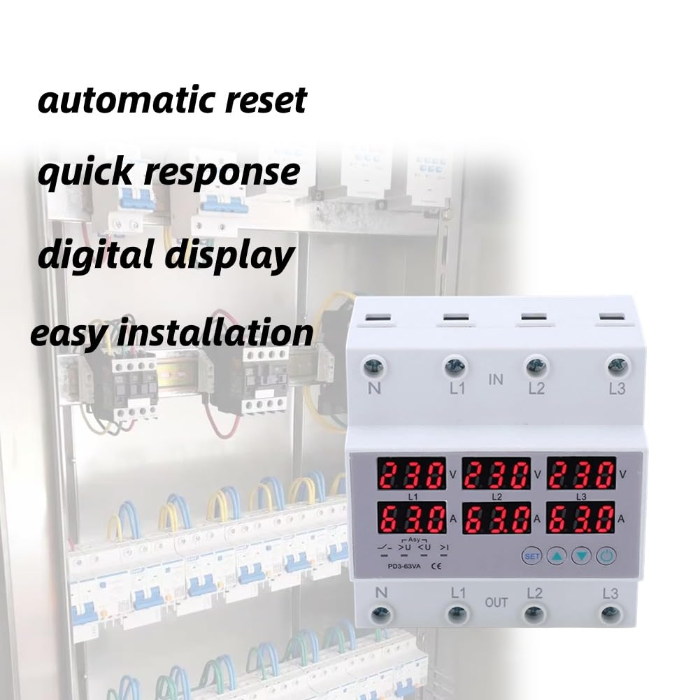 3-fasen DIN-rail Voltmeter Vermogensmeter, AC230-300V Digitale Ampèremeter Automatische Overspanningsoverstroombeveiliging, 3-fasen Watt Kwh Ampère Elektriciteitstester (63A