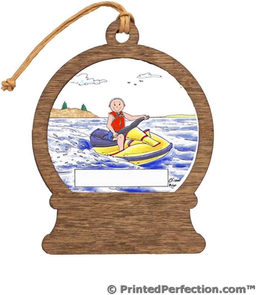PrintedPerfection.com Personalized Jet Ski Rider - Male Wooden Snow Globe Shaped Christmas Ornament