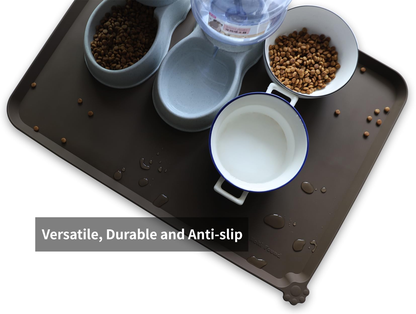 Hoki Found Tapis de gamelle en silicone pour animal domestique - Tapis antidérapant pour gamelle de chien et chat - Tapis d'alimentation imperméable pour chien et chat - Café