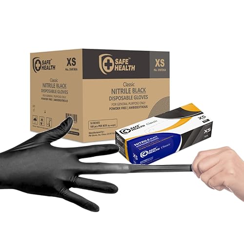 Safe Health - Guantes desechables de nitrilo negros, sin látex, sin polvo, caja de 1000, XS, texturados, 3.5 mil, industriales, para tatuajes,
