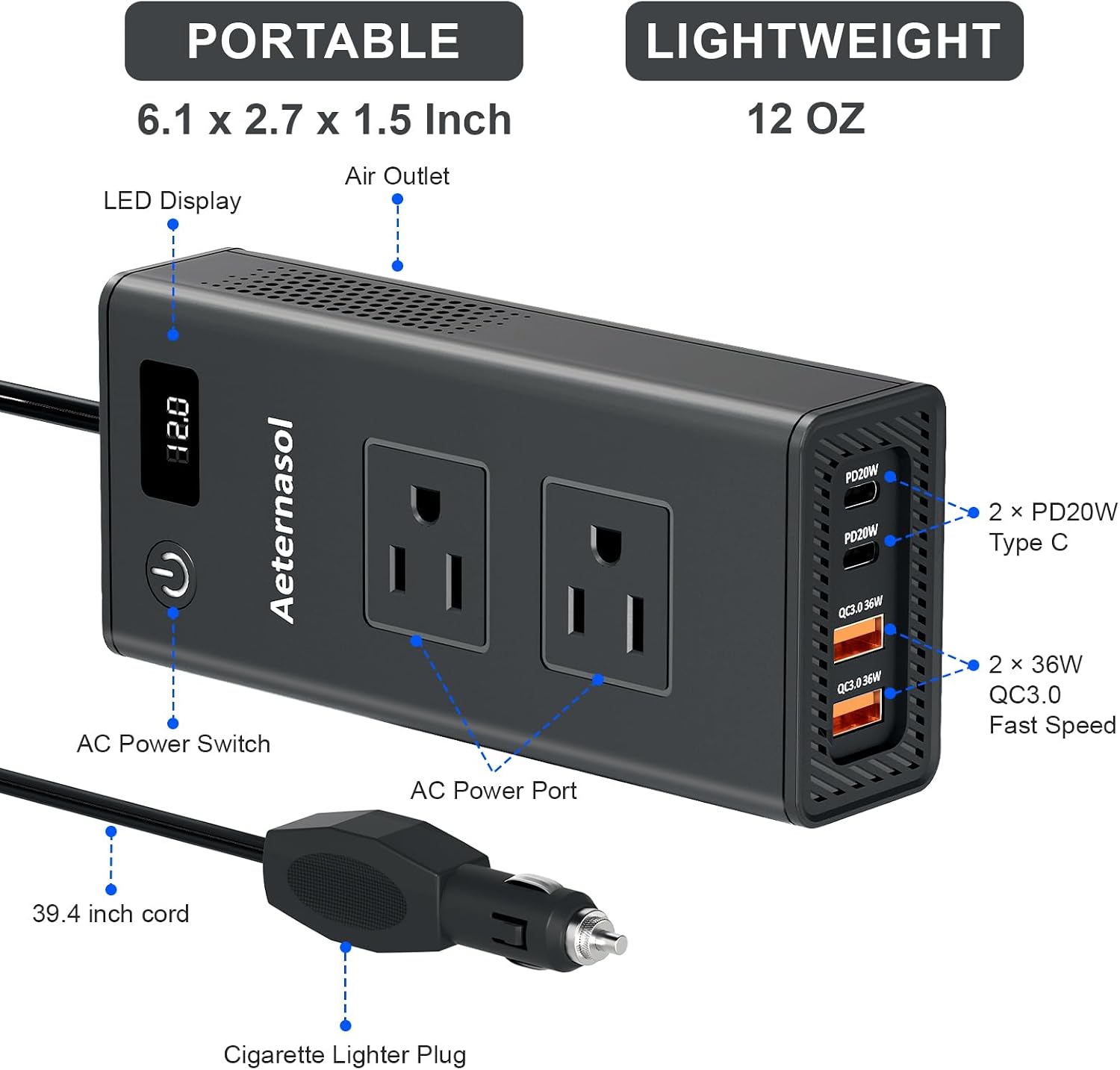 200W Portable 12V to 110v Car Charger Power Inverters for Vehicles | 36W USB-A, Fast Charging USB-C, Dual AC Outlets, Cigarette Lighter Adapter for Laptop/Camping/Road trip essentials