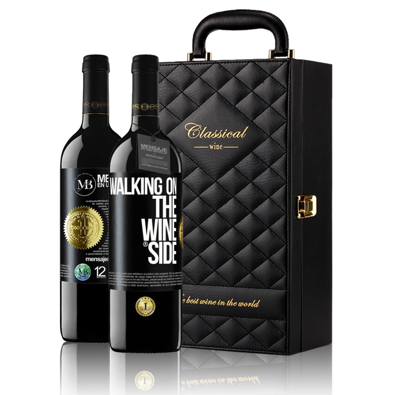 «Walking on the Wine Side» Mensaje en una Botella. Estuche-Maletín de LUJO 2x Vino Tinto Premium Reserva 12 Meses y Set de 4 Accesorios. Etiqueta Negra PERSONALIZABLE