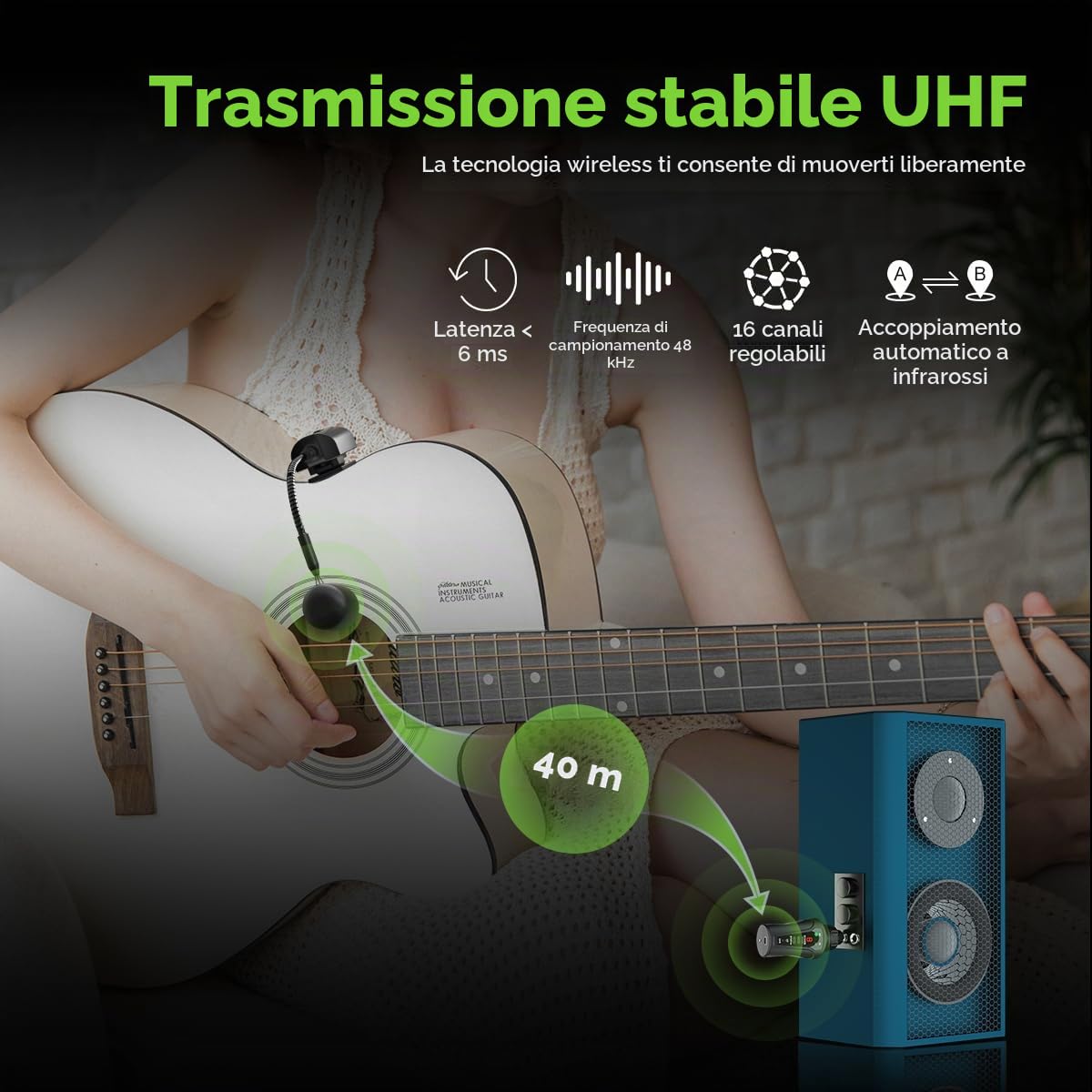 Microfono Wireless per Chitarra UHF, Microfono per Strumenti a Collo D'oca con Trasmettitore e Ricevitore per Chitarre Classiche, Chitarre Acustiche, Sistemi PA, Mixer Audio, Altoparlanti, AT-5