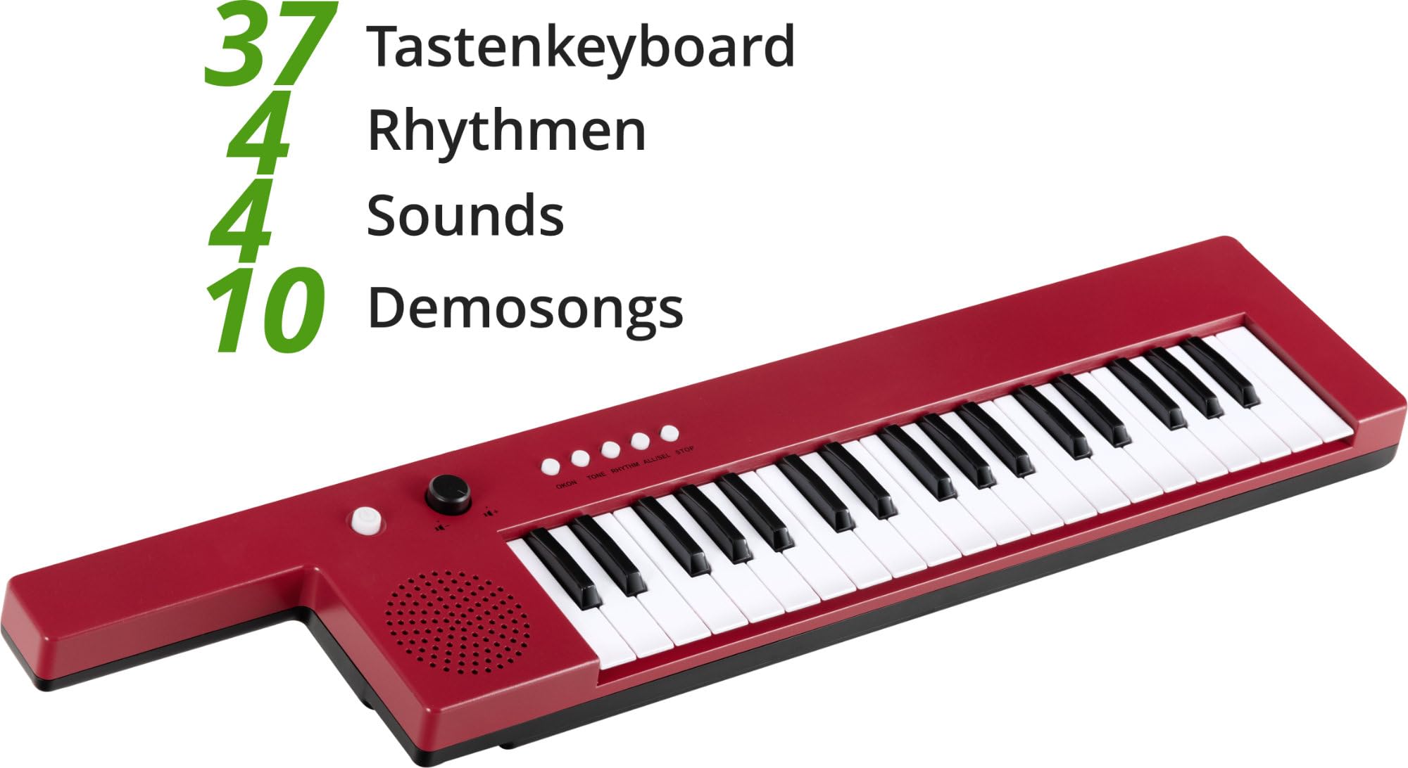 McGrey KT-3712 Kinderkeyboard - 37 Tasten - Keytar inklusive Tragegurt und Mikrofon - Betrieb über Akku und USB-Netzteil möglich - 4 Klangfarben, 4 Begleitrhythmen und 10 Demosongs - Rot