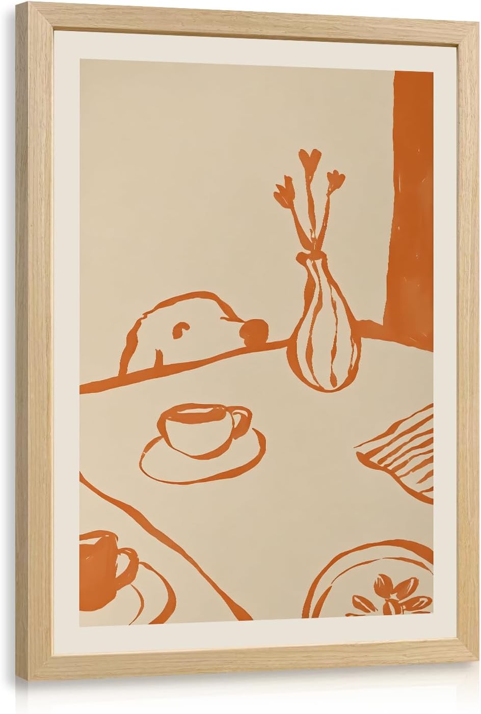 Msziryn Wood Framed Minimalist Coffee Wall Art, Brown Line Drawing Kitchen Wall Decor, Scandinavian Still Life Poster Print, Modern Coffee Dog Artwork for Dining Room Office Wood Framed 12x16 Inch