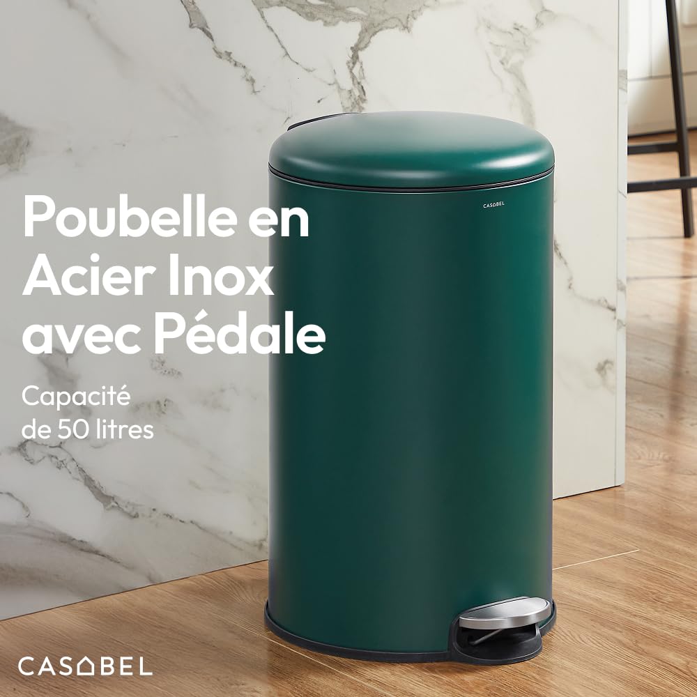 CASABEL Poubelle Cuisine Ronde 50L, Acier Inoxydable, Vert | Ouverture à pédale, Fermeture douce, Acier inox anti-traces, Anneau maintien du sac, Poignée de transport, Entretien facile