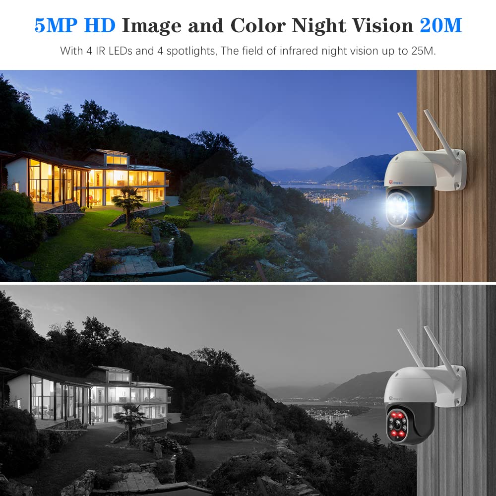 Ctronics 5MP Überwachungskamera Aussen WLAN, 2,4/5GHz Dualband WiFi PTZ IP Kamera Outdoor mit Personenerkennung, Automatische Verfolgung, Farbnachtsicht 20M, 355°/90°, IP66, TF/Cloud/PC (1 pcs) | 2,4/5GHz Dualband WiFi,Personenerkennung,Automatische Verfo