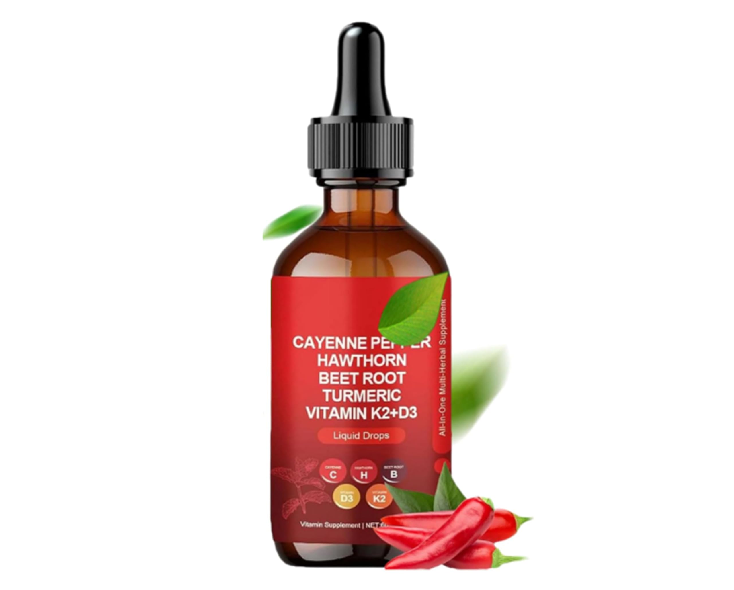 Pepper Drops Supplement Liquid 60ml Herbal Supplements Pepper Hawthorn Beet Root Turmeric Curcumin, Vitamin K2 & D3 Extract Organic