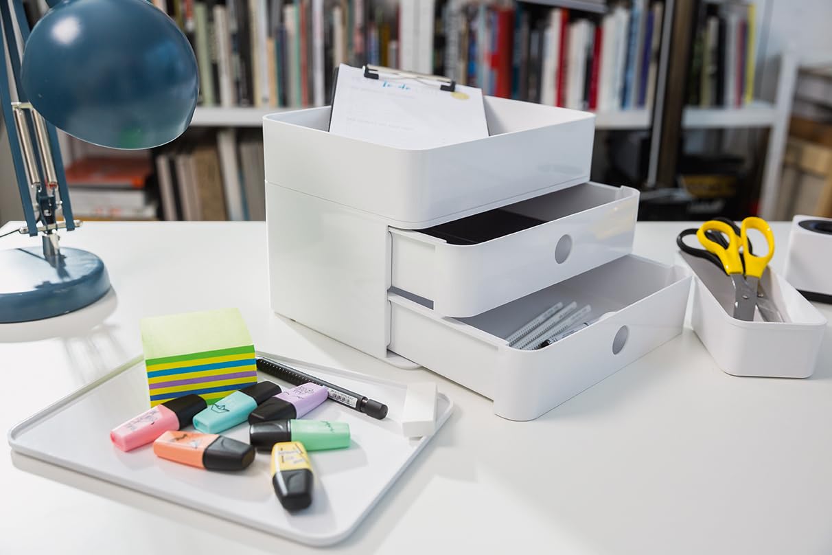 HAN Schubladenbox Allison SMART-BOX plus mit 2 Schubladen, Trennwand sowie Utensilienbox, inkl. Kabelführung, stapelbar, Büro, Schreibtisch, Küche, möbelschonende Gummifüße, 1100-12, hochglänzend weiß