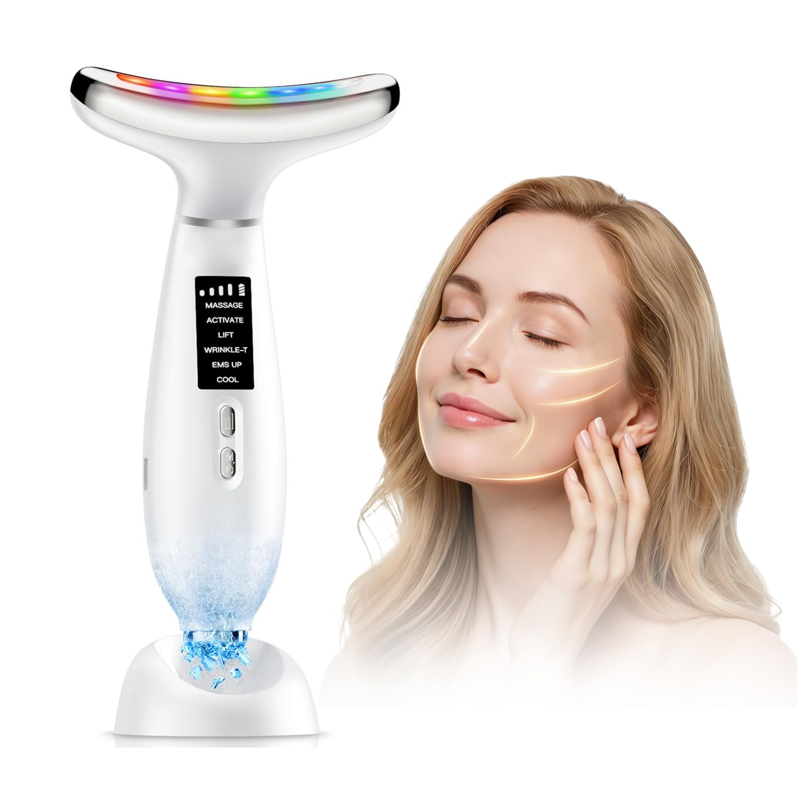 Gesichtsmassagegerät, EMS Gerät Gesicht gegen Falten, Face Massager mit 5°C Kühlung & 45°C Wärme, 6 Modi, 7 Farben LED Lichttherapie, Face Lifting Gerät für Gesicht & Hals Straffen - Weiß