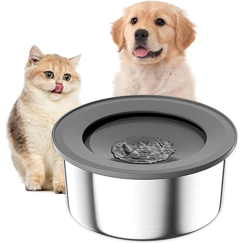 Dog Water Bowl, 2L Large Capacity No Spill Water Bowl for Dogs, Slow Water Feeder Stainless Dog Bowls No-Slip Pet Water Dispenser Vehicle Carried Travel Water Bowl for Dogs, Cats, Pets Grey