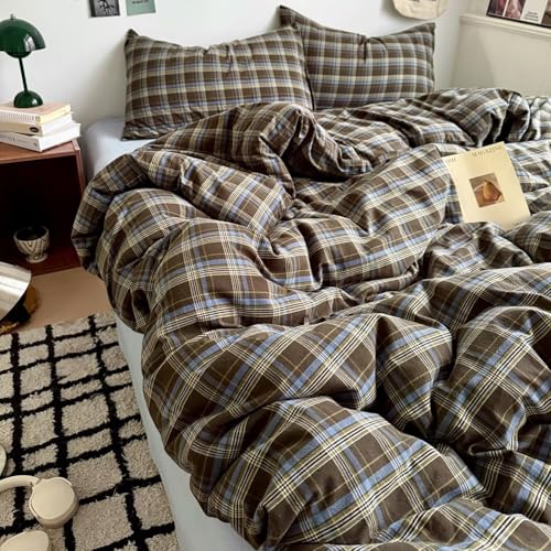 Image of PinkMemory Brown Blue Gingham Buffalo Plaid Duvet Cover King 100% Washed Cotton Vintage Checkered Duvet Cover Set 3pcs Retro Grid Bedding Set with Zipper Closure Corner Ties,Soft Breathable