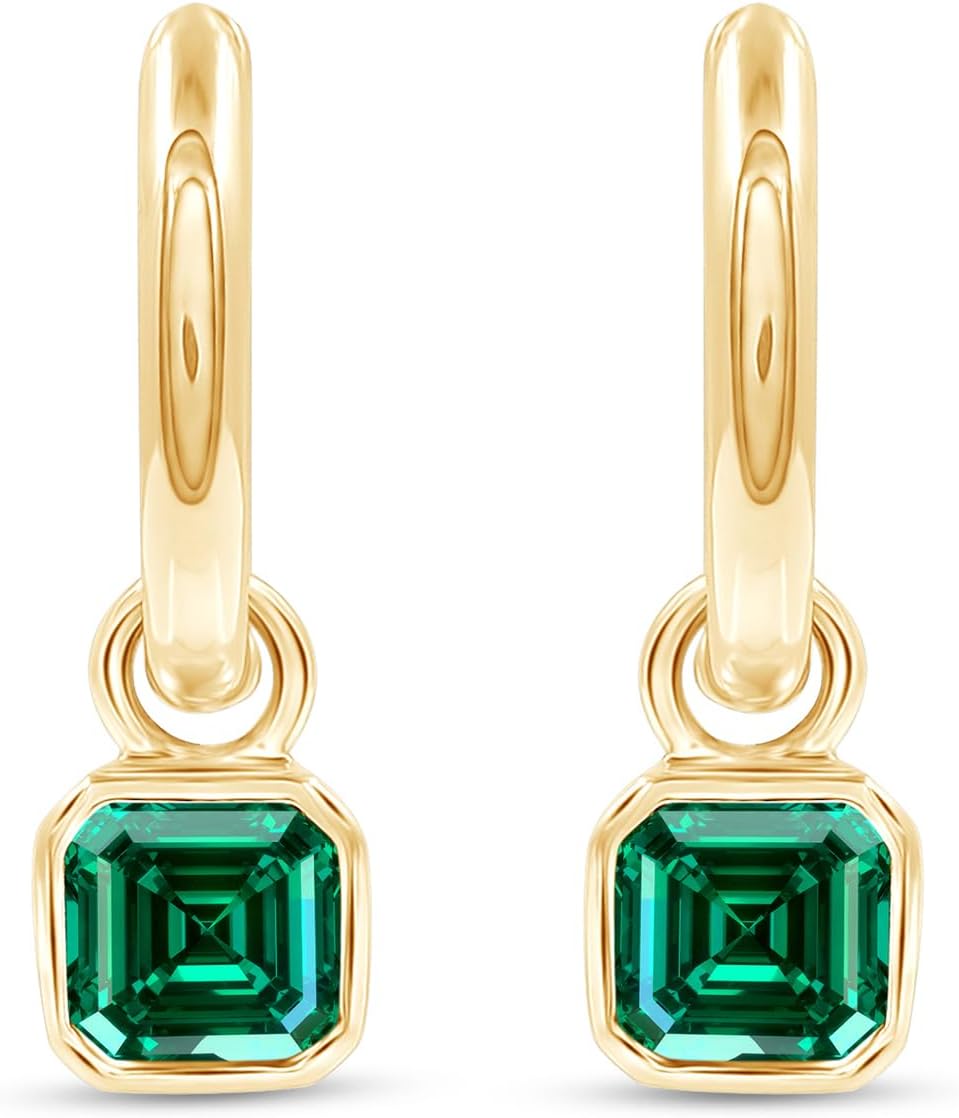 AFFY Dangle Drop Earrings for Women, 6X6MM Asscher Cut Zambian Emerald Lab Grown Gemstone Dangling Drop Earrings In 14K Gold Over Sterling Silver (1.65 Ctw)