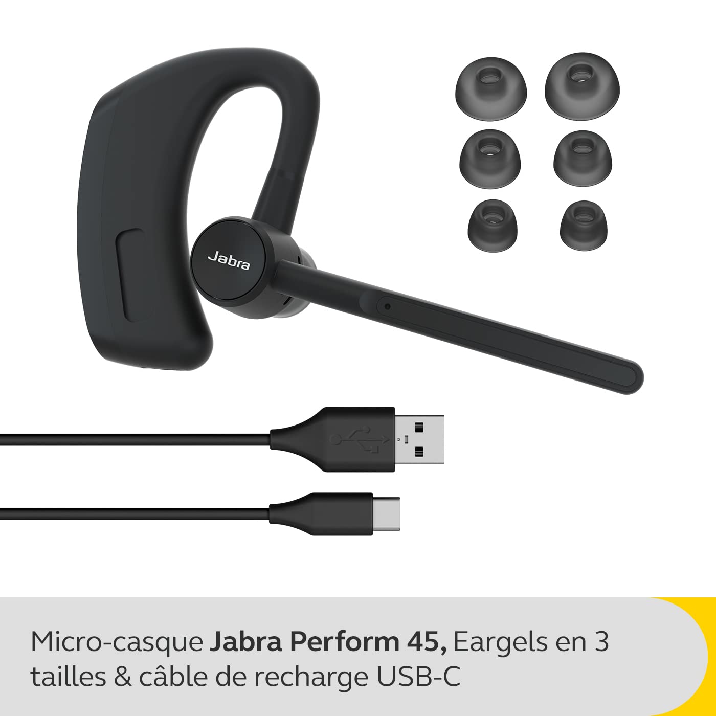 Jabra Perform 45 - Micro-Casque Mono Bluetooth à EarHook avec Microphone à Ultra Annulation du Bruit avancé, Fonction Push-to-Talk (PTT) et Mode Face2Face - Design Discret, Noir