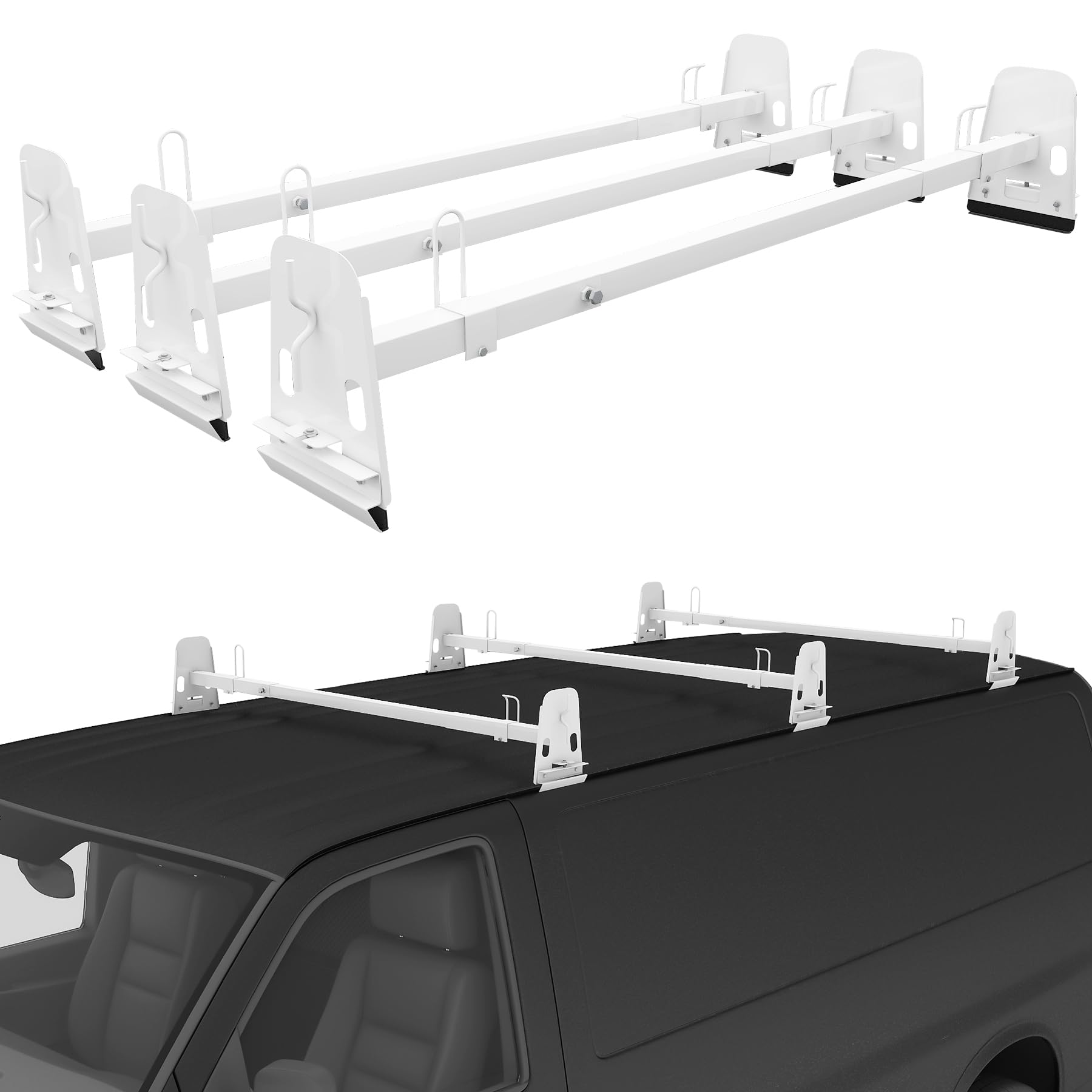 Van Roof Ladder Rack 3 Bar Set, 750LBS Capacity Ladder Rack for Van Adjustable Length 37.5''- 60'', Van Roof Rack with Ladder Stopper, Fit for Full-Size Cargo Vans with Rain Gutter