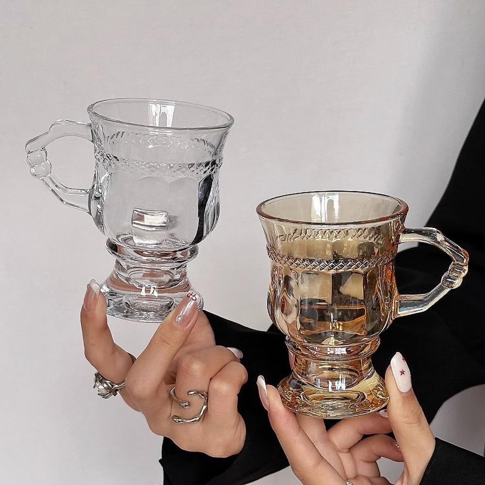 Juego de 6 tazas de té turco, tazas de té de vidrio con asas y tazas de café de vidrio con patas de 5 onzas, adecuadas para servir bebidas frías y calientes (estilo B)
