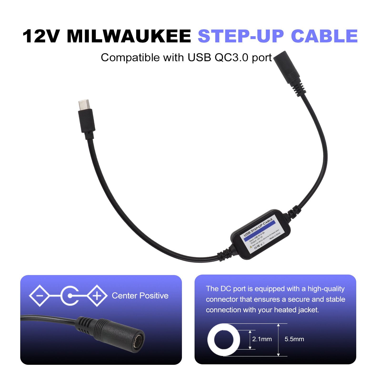 JODDMTTY 12V Heated Jacket Adapter - Type C Charger Cable For Milwaukee & Dewalt Power Tool Batteries