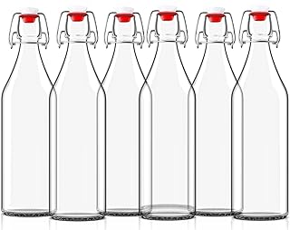 PENGQIMM Clear Glass Beer Bottles,6 Set Flip Top Beer Brewing Bottle 18oz/8.5oz Clear Bottle with Caps for Juice, Water, K...