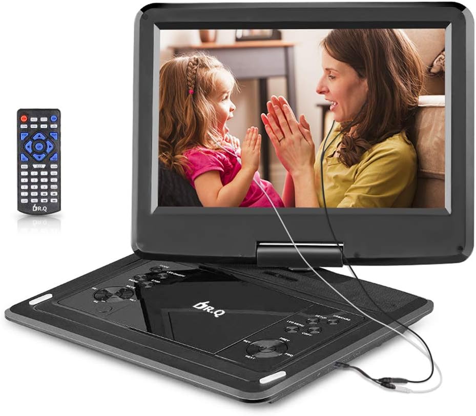 DR.Q 12.1 Inch Portable DVD Player with 6000mAh Rechargeable Battery, 270 Degree HD Swivel Screen, 5.9ft Car Adapter, SD Card Slot, USB Port and Multiple Disc Formats Supported, 2x Earbuds Included