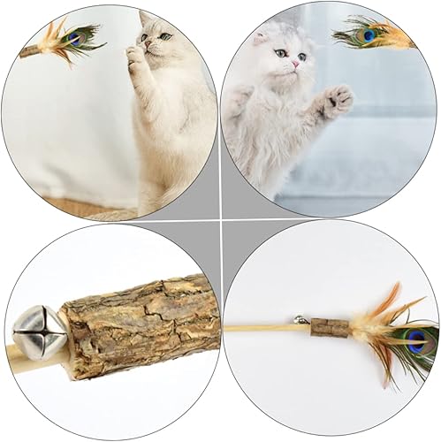 Miniatura 7 de iplusmile 2 piezas de atrapador de pesca Charmer Teaser interesante pavo real de madera para gatos artificiales, varitas masticables, suministros de