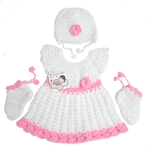 Handmade Woolen Frock Pink White