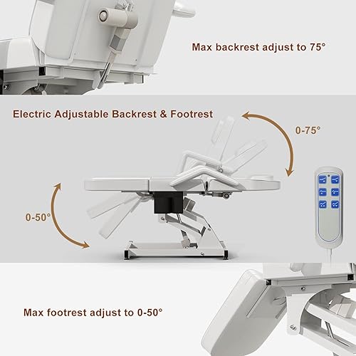 Miniatura 4 de Cama de spa totalmente eléctrica blanca Silla de tatuaje Mesa facial 3 motores con bolsillo de almacenamiento, respaldo de 21 a 28 pulgadas de