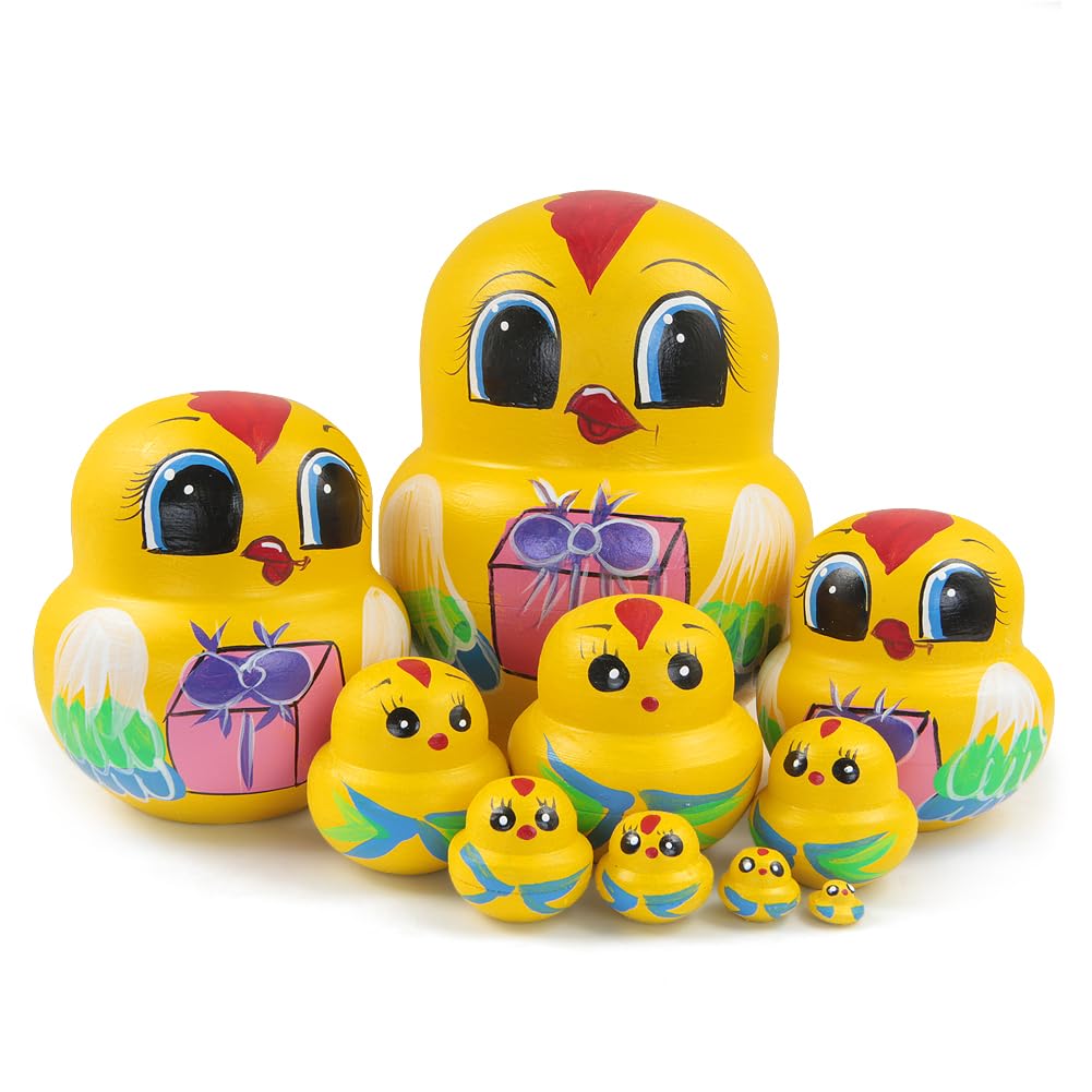 10 x russische Puppen aus Holz, gelbe Hühner, Bauernhahn, traditioneller Matroschka-Puppen, stapelbar, für Kinder, Ostern