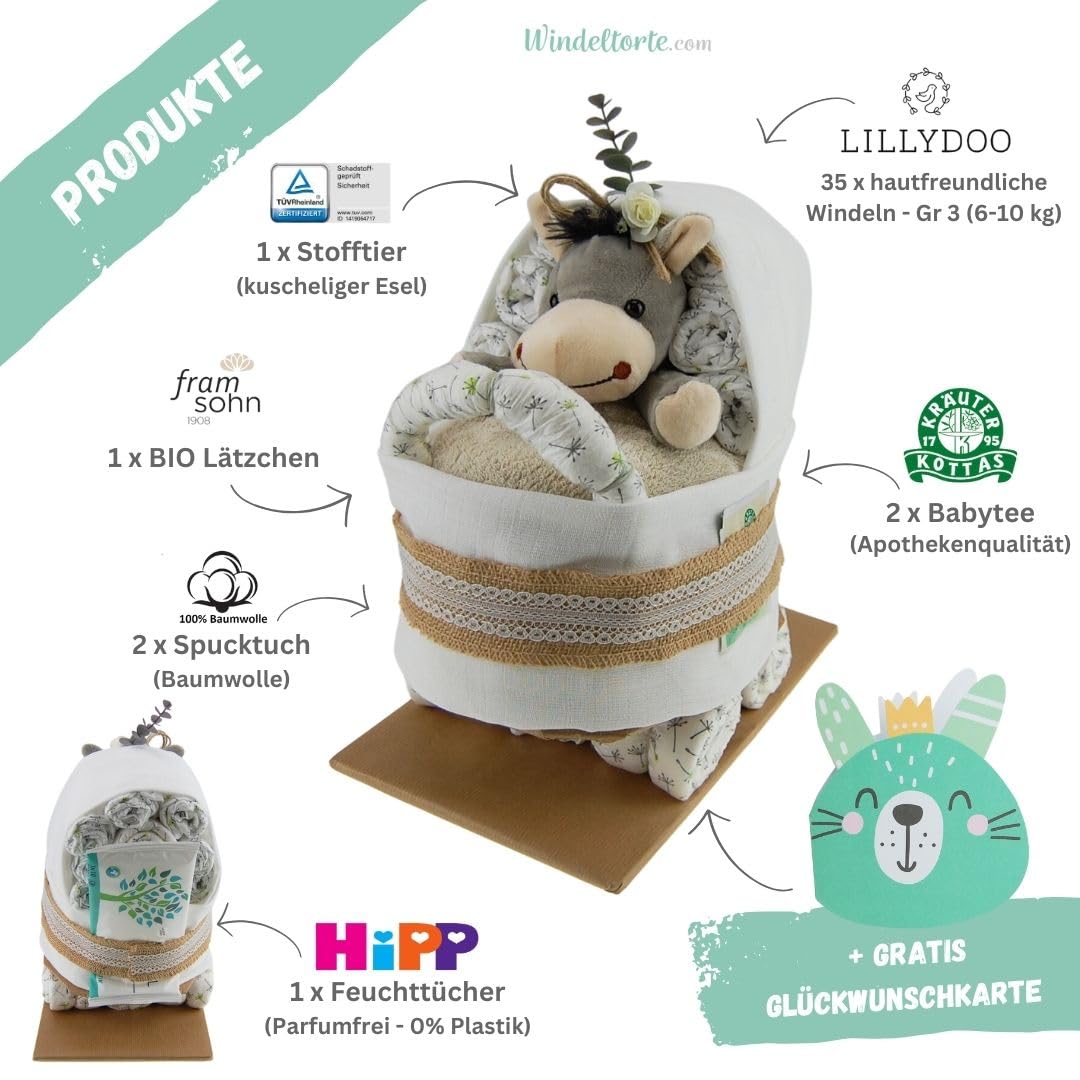 Kinderwagen mit Kuscheltier - Plüschtier - Geschenk zur Geburt - Babyparty - Baby - Babyshower - Pullerparty (Vintage/Jute/Boho)