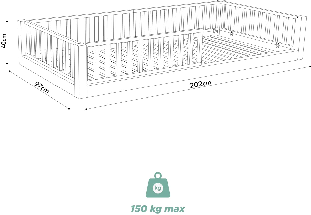 nabè Letto Evolutivo 80x190 cm | Materasso Incluso | Set 5 Sponde protettive - Letto Montessori a terra in Legno Massello Naturale PEFC - Cresce con il Bambino