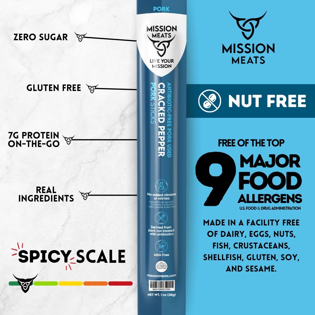 Mission Meats Pork Meat Sticks – Antibiotic Free, Sugar Free, Individually Wrapped, AIP Friendly, Delicious Healthy Snacks, Paleo, Whole 30, Cracked Pepper 1oz (24ct)