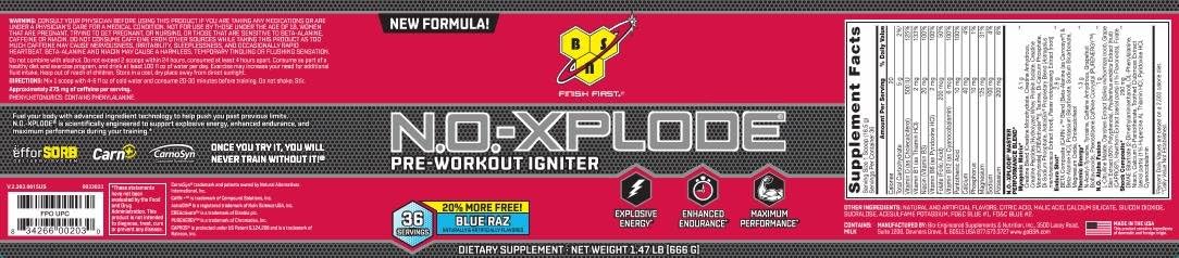BSN N.O.-XPLODE Pre-Workout Igniter with Caffeine, Nitric Oxide &, Blue Raz - 20 More Free, Packaging May Vary