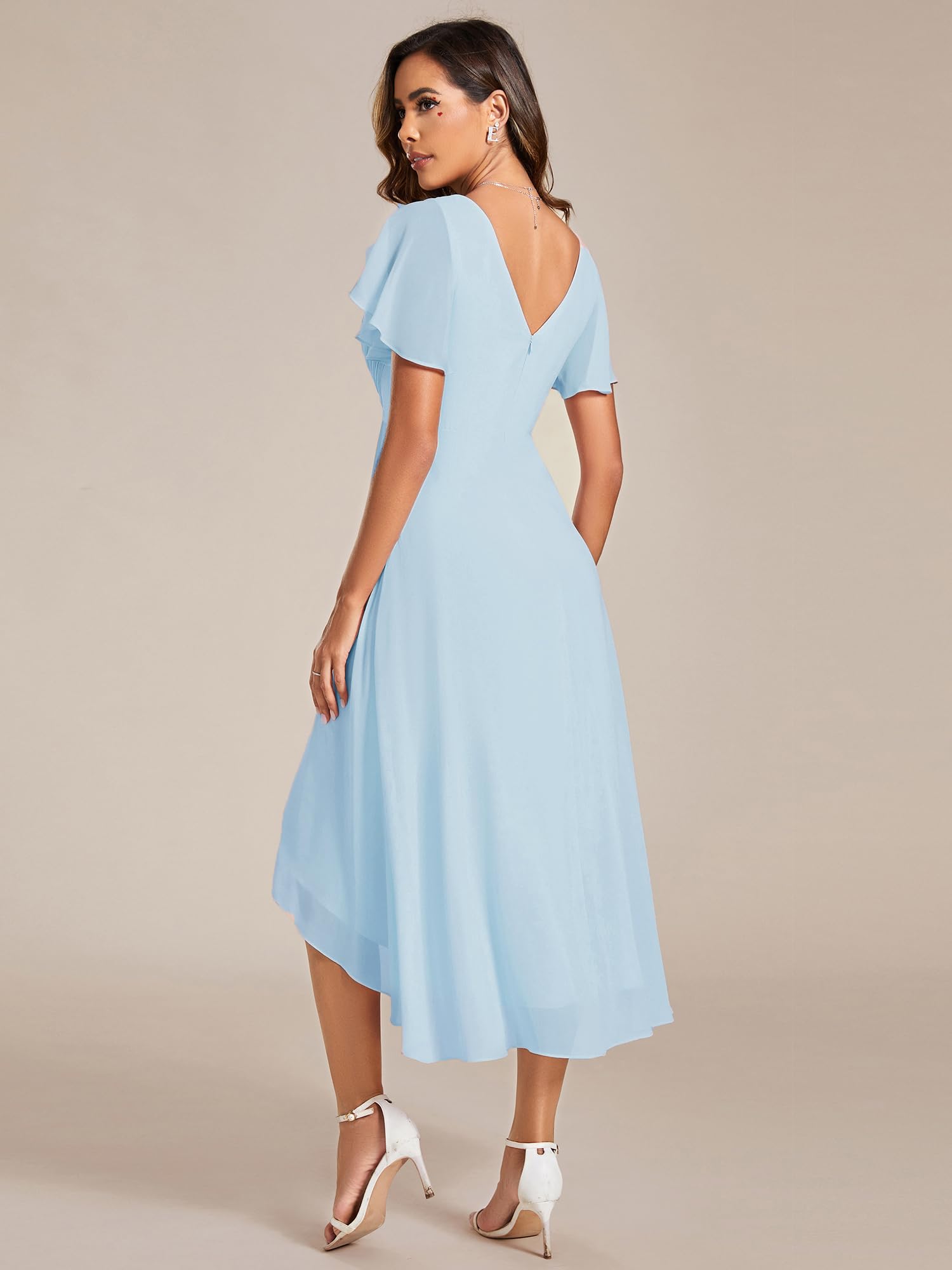 Ever-Pretty Vestito Elegante Donna Cerimonia Manica Corta Collo a V Gonna Midi Cielo Blu 40