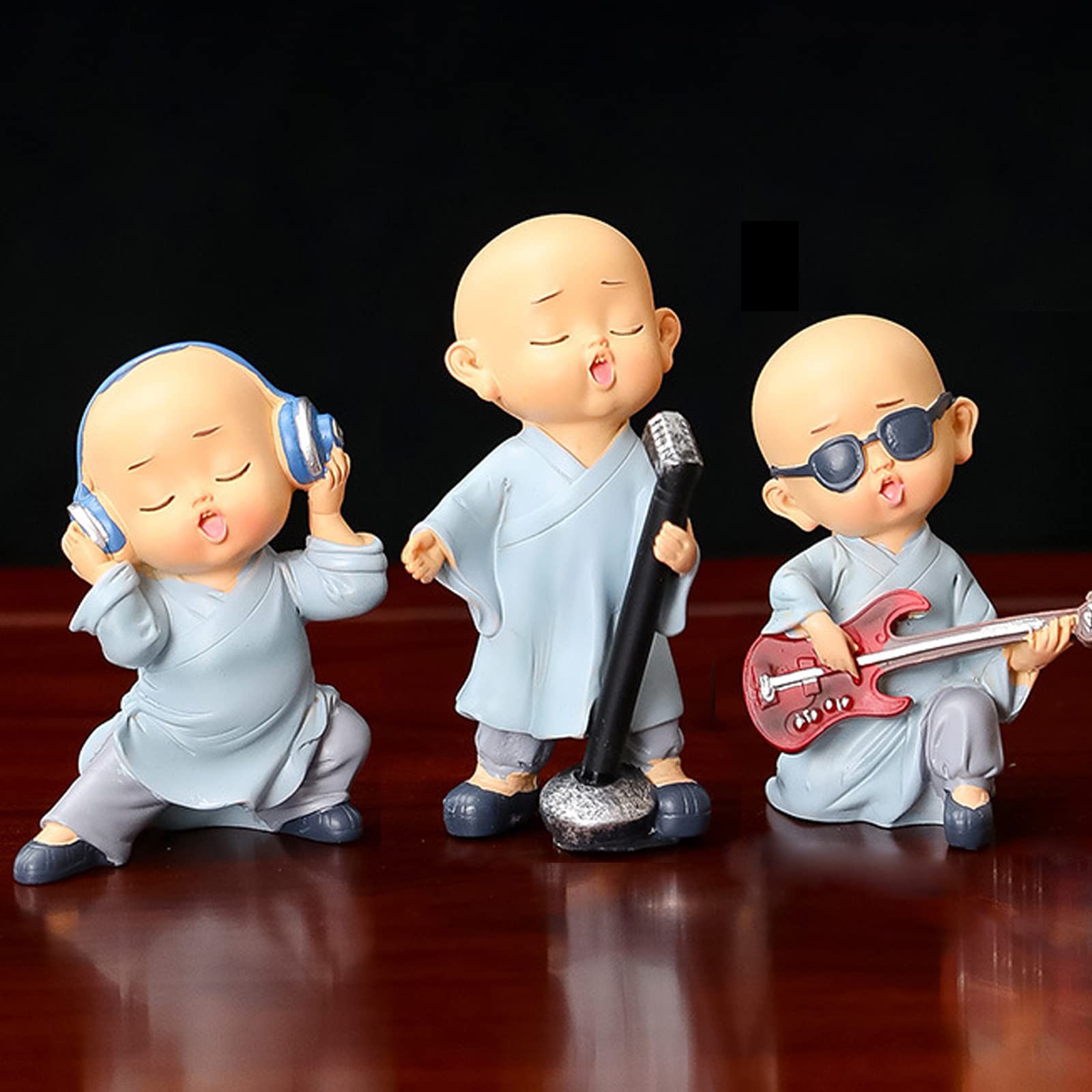 3PCS Buddha Monk Figurine Statue Showpieces, Cute Music Monk Figurine Sculpture, Buddha Monk Showpiece for Wall Shelf Table Desktop Car Dashboard Decoration Home Office Décor, Large