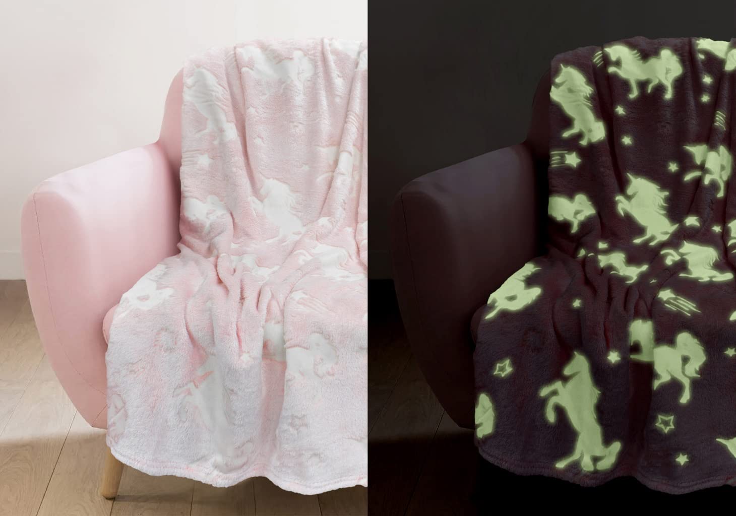 London Dream Teddy Fleece Glow In The Dark Unicorn Matching Blanket Throw (98 x 150 cm) Thermal Warm Fluffy Kids Bedding (Unicorn)