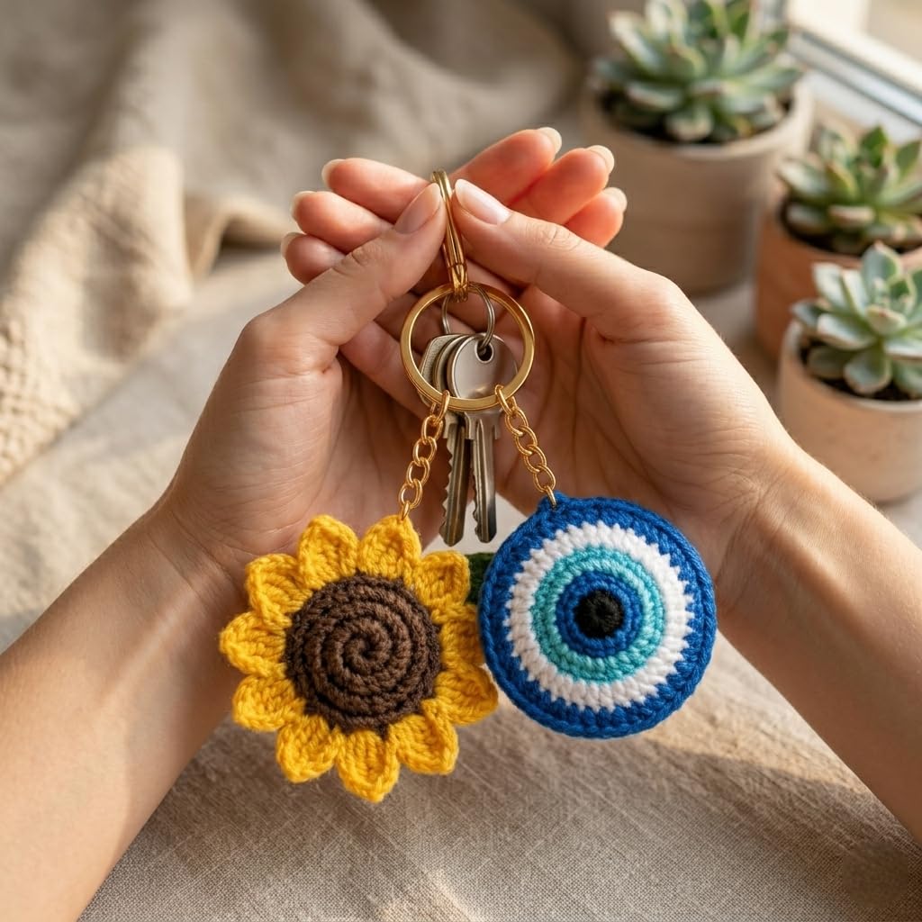 Handmade Crochet Keychains - Sunflower & Evil Eye -2
