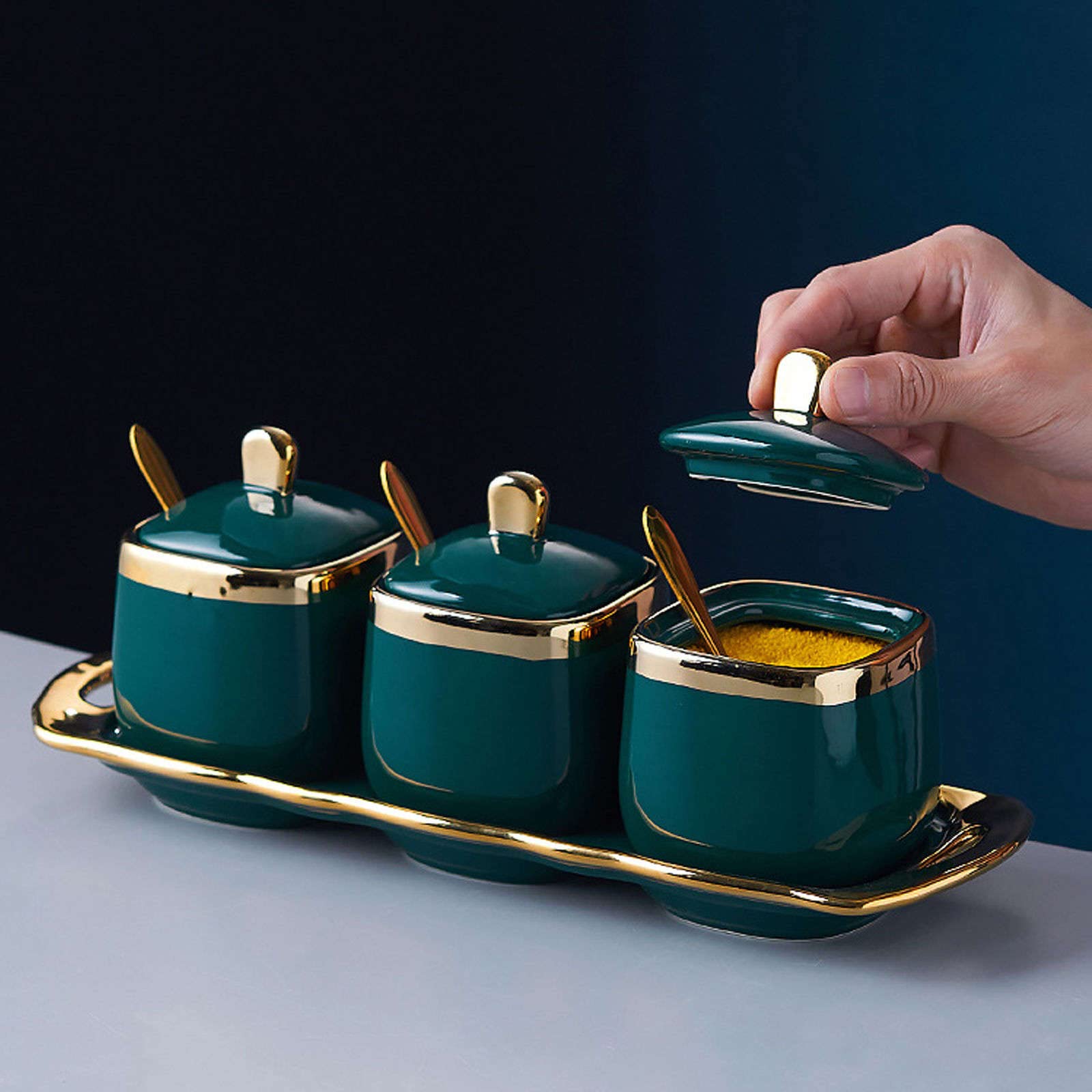 Sucrier en céramique avec couvercle et cuillère, sucrier Phnom Penh avec couvercle et cuillère, 3 ensembles de pots à sucre, pots à épices, pots à sel, pots à sucre en céramique colorés - Rouge - 3 en