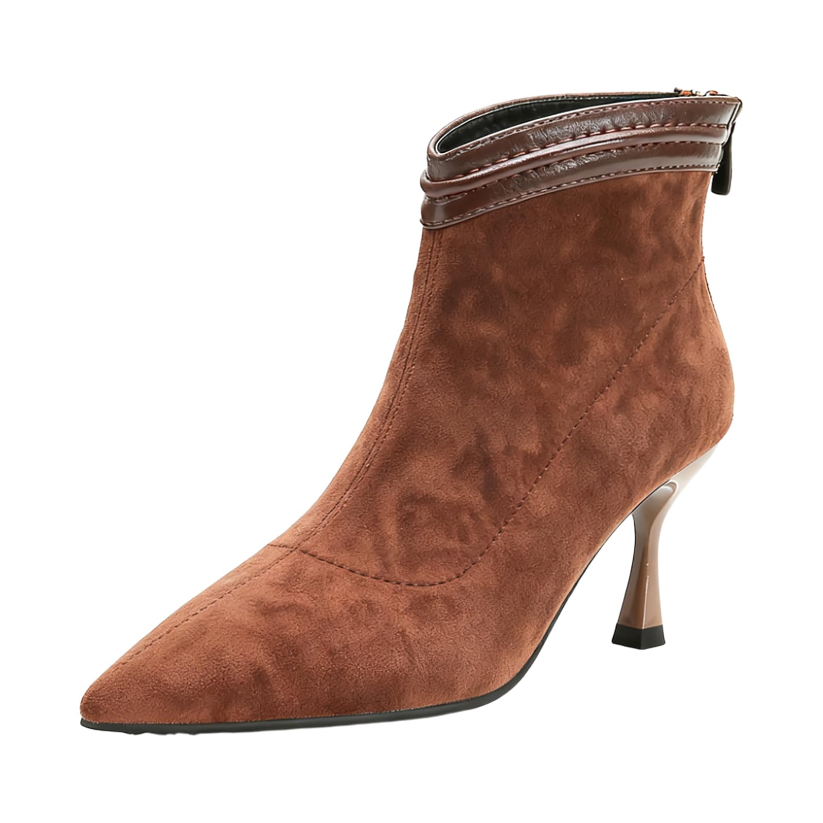 Womens Suede Kitten Heel Ankle Boots With Back Zipper Comfortable Pointed-Toe Leather Edging Non-Slip Stiletto Short Boots Work
