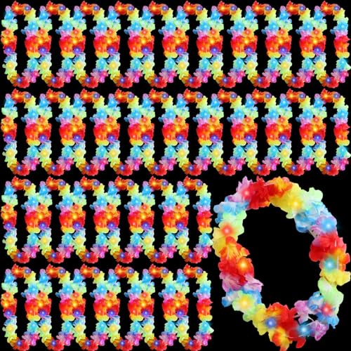 Sherr 24 Pcs LED Rainbow Leis Light up Wedding Hawaiian Leis Flower Necklace with LED Lights Beach Tropical Carnival Party Wedding Supplies Luau for Masquerade