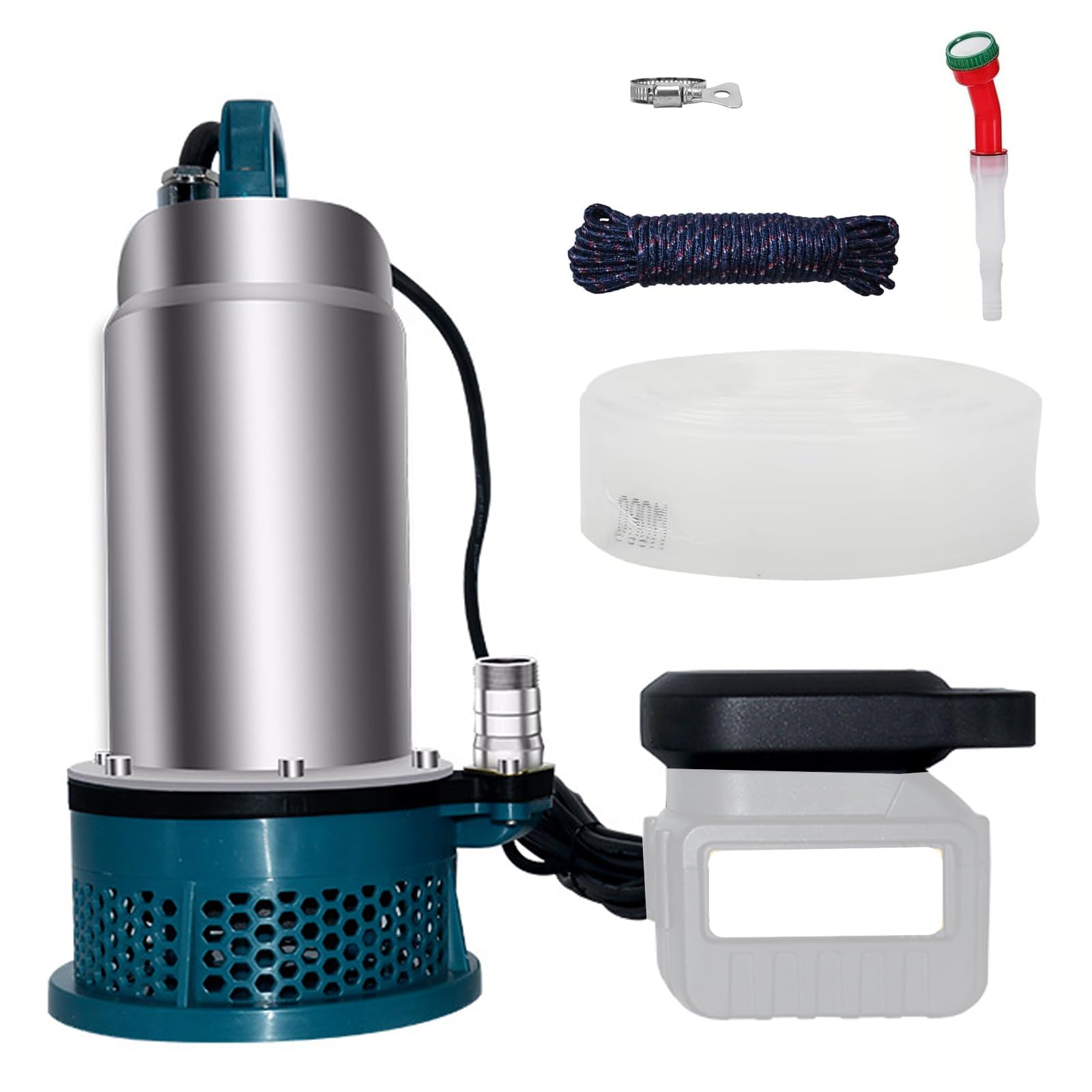 Tauchpumpe für Makita 18V Akku (Keine Batterie), Tragbare Wasserpumpe Sumpfpumpe mit 10m Schlauch, 5m Verbindungskabel, 16m Förderhöhe, für Pool Wasserbett Gartenbewässerung, Bürstenloser Motor