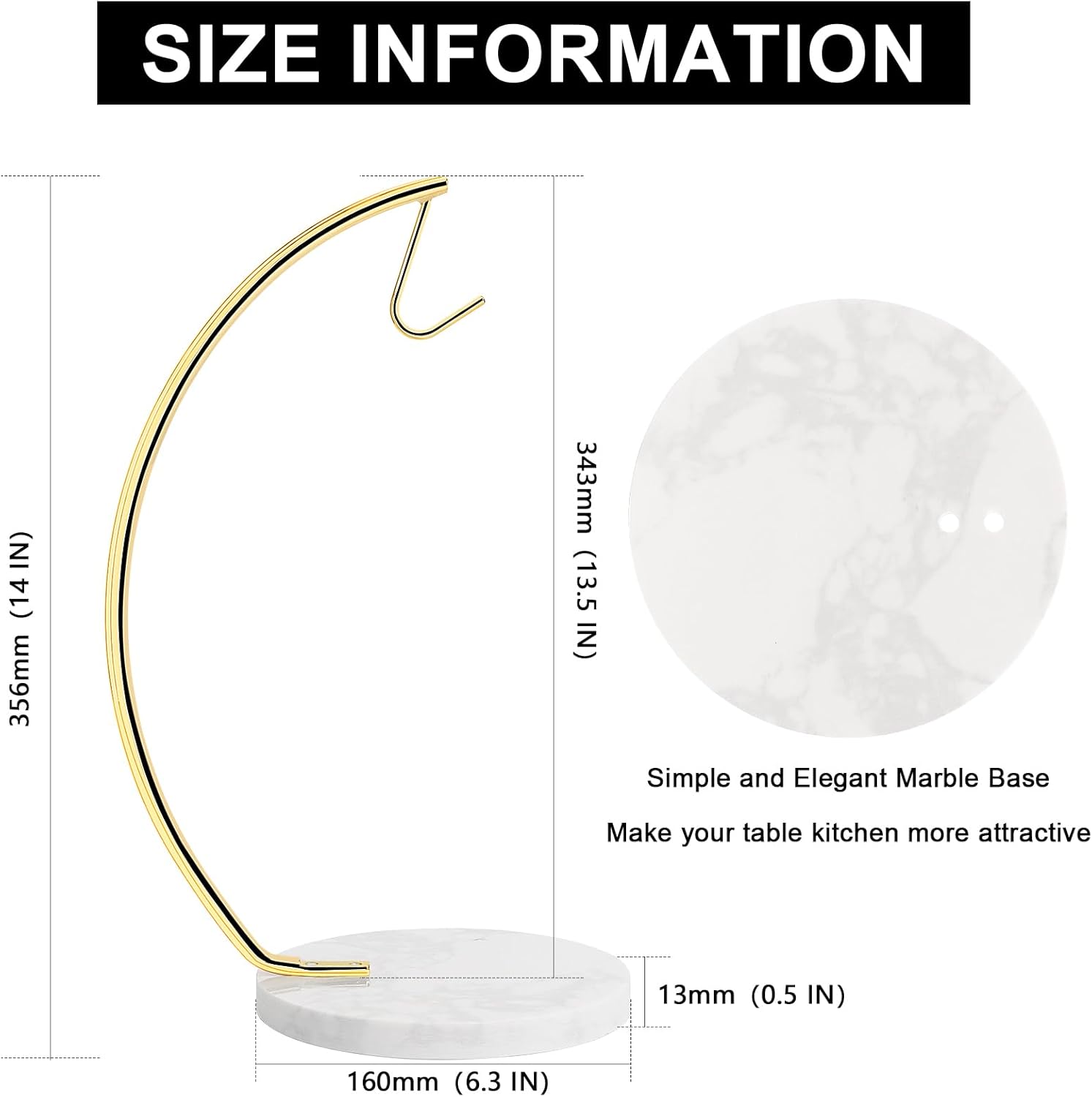 Livabber Banana Holder with Marble Base, Metal Banana Hanger Modern Tree Stand with Hook, Stylish Banana Keeper Fresh Fruit Storage Organizer Freestanding for Kitchen Countertop (Gold, Single Hook)