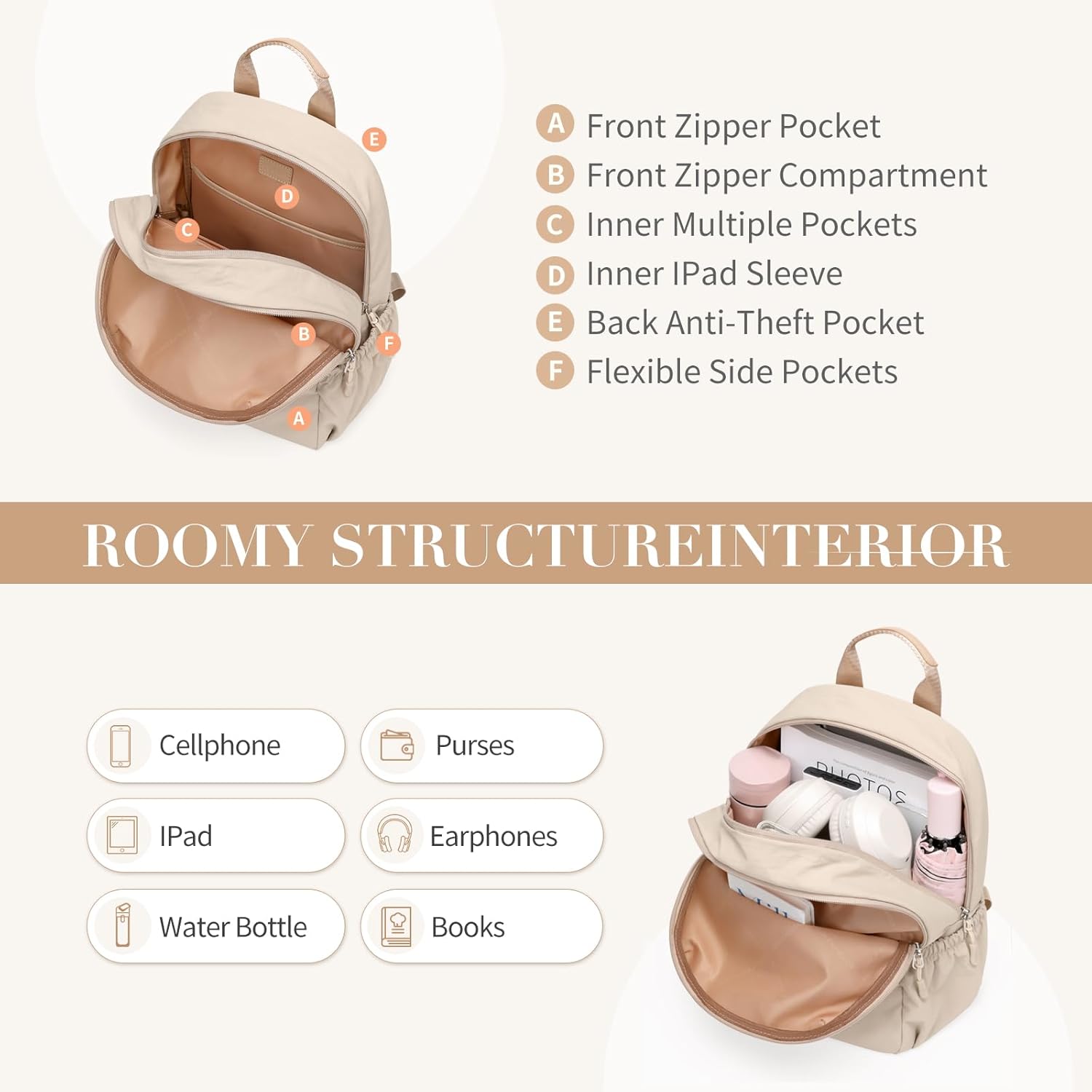 GOLF SUPAGS 13L Mini Backpack Lightweight Nylon Daypack for Women, Small City Pack, Versatile Ladies Backpack for Shopping & Travel, Light Apricot - Image 6