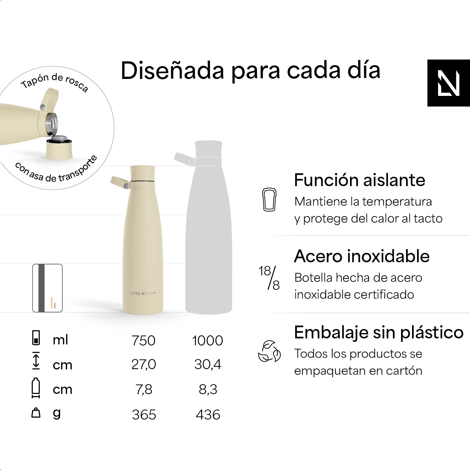 LARS NYSØM Botella de Acero Inoxidable | Botella aislada 0,75l | Cantimplora de 0,75 litro a prueba de fugas para deportes, bicicleta, perro (Sage Green, 750ml)