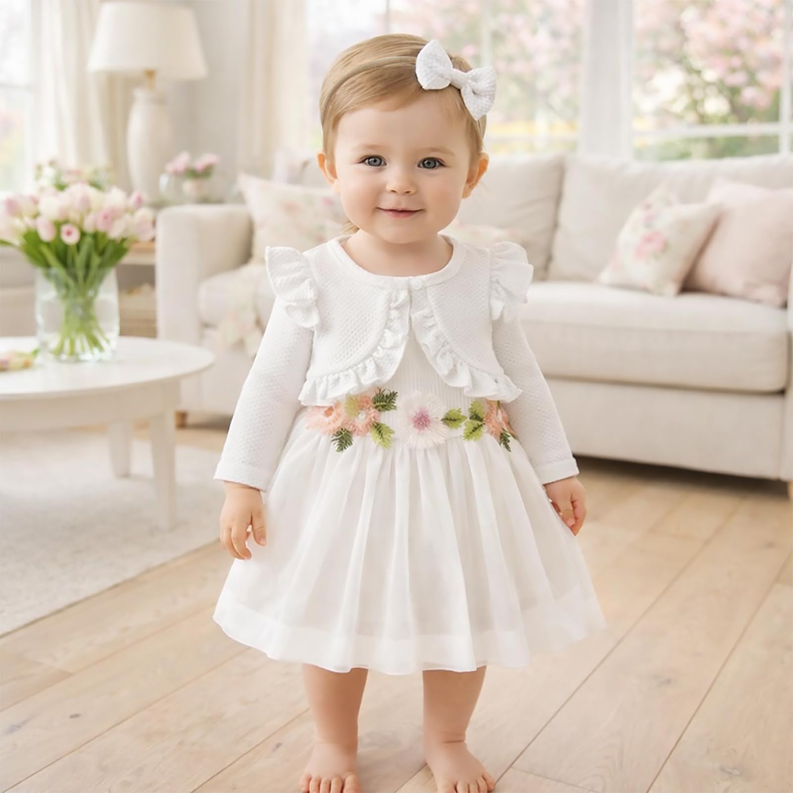 Bambina Vestito e Cardigan Set Manica Lunga Cotone Principessa Tutu Abiti con Cappotto Outfit per Bambine